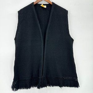 Vintage Sherry Gale Cardigan Vest Womens Knit Open Fringe Trim Black XL